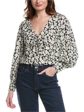 Rebecca Taylor Paige Fleur Drawstring Blouse Black White Floral Size 10 NWT